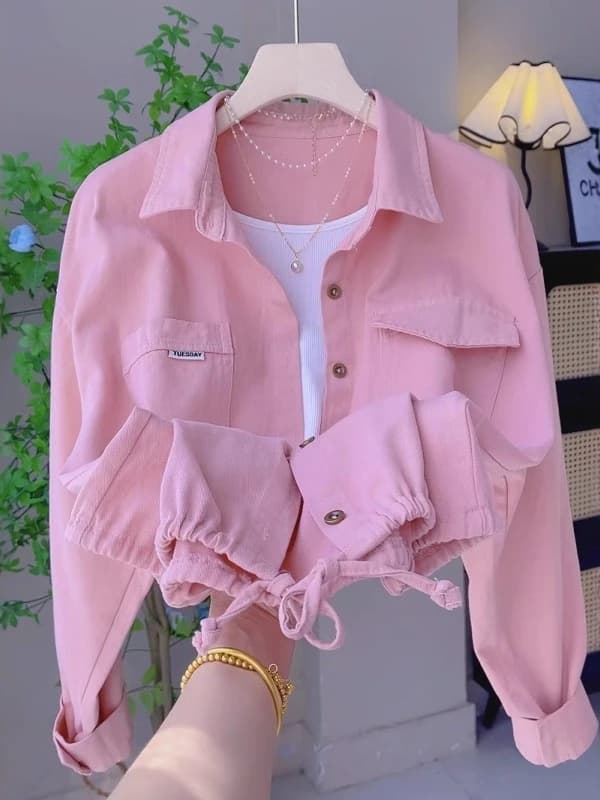 Camicia Giacca Rosa in Puro Cotone da Donna, Cardigan Aperto Primaverile Autunnale con Coulisse Inferiore, Blusa Versatile e Morbida