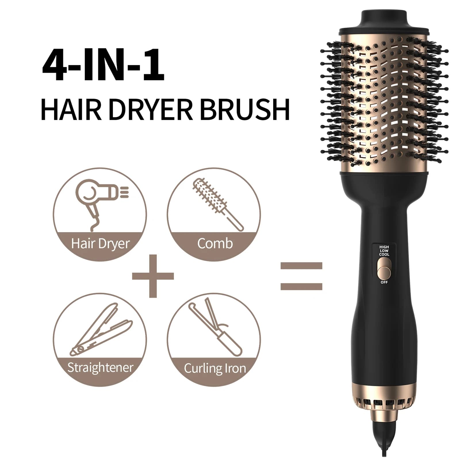4 in 1 hot air brush with attic and comb to negative ions, straight and curled in a curling wand