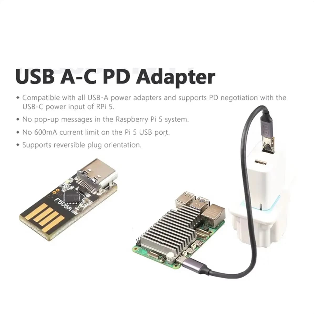 A85P For Raspberry Pi USB A-C PD Adapter 5V5A PD Power Module Adapter Solve the System Non-PD Power Warning with Cable