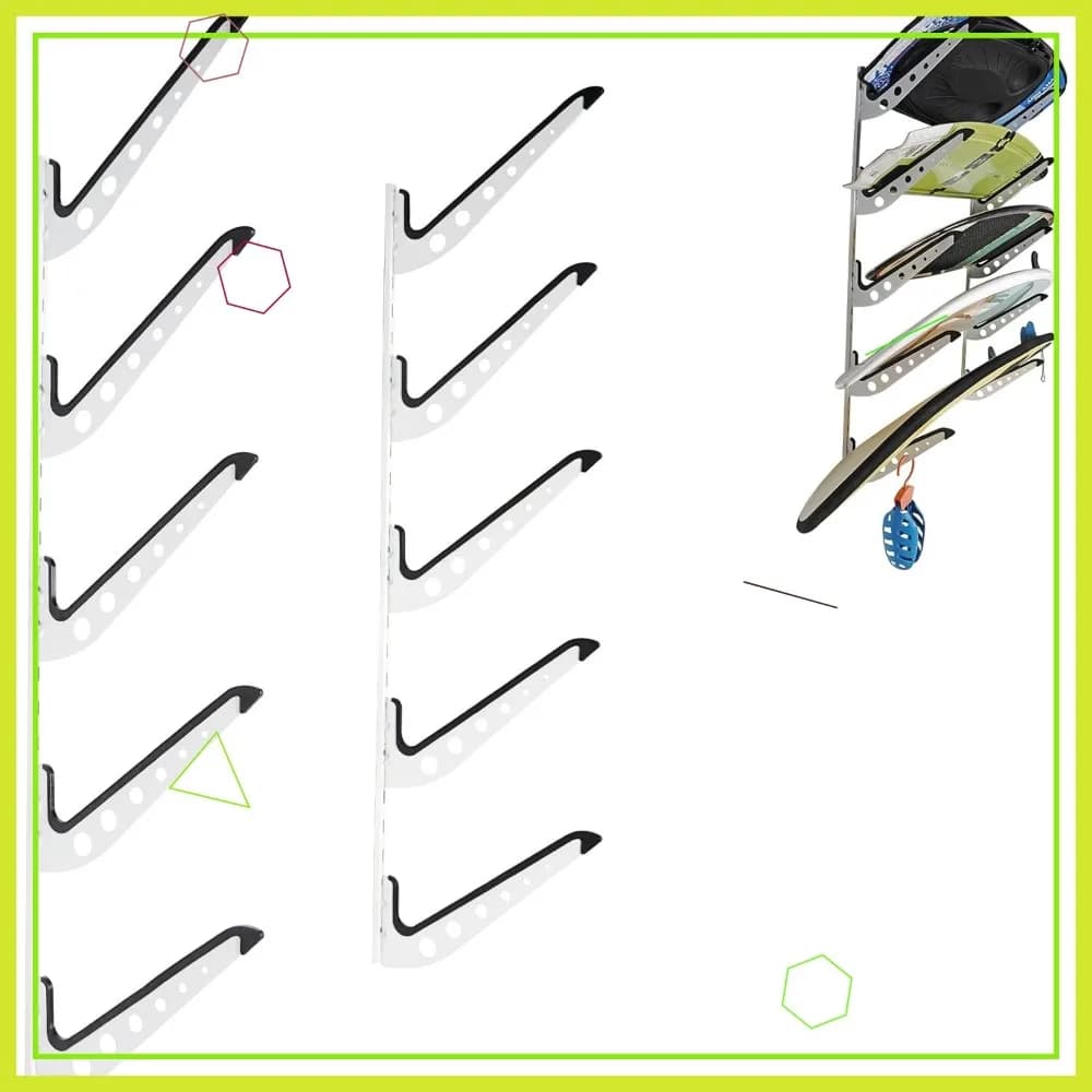 Supporto da Parete per 5 Tavole da Surf, Wakeboard, Snowboard, Ganci Regolabili per Esposizione e Conservazione