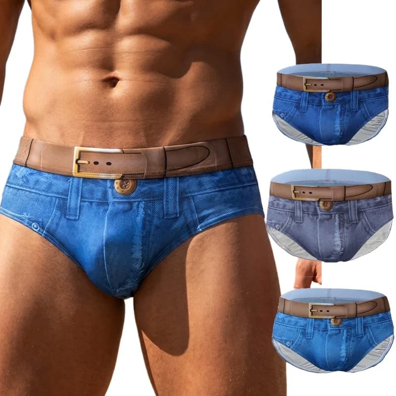 Printed Underwear Mens Sexy Denim Pouch Briefs Thin Breathable Men Panties Ropa Interior Hombre Summer Man Swimming Trunks Beach