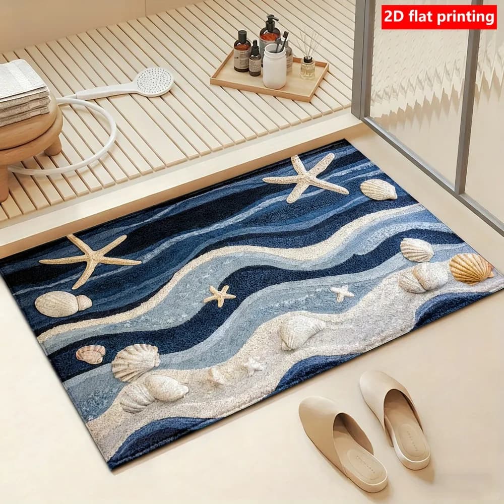 VIKAMA Starfish Shell Semi-Circular Door Mat, Water-Absorbing And Anti-Slip Bathroom Shower Mat, Entrance Foyer Floor Mat