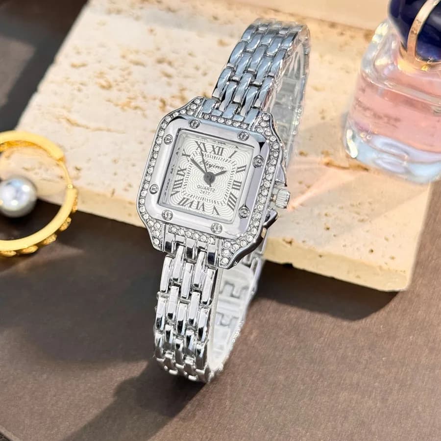 Orologio da donna quadrato di lusso classico semplice e casual alla moda Orologio da polso al quarzo con cinturino in numeri romani incorporato con diamanti