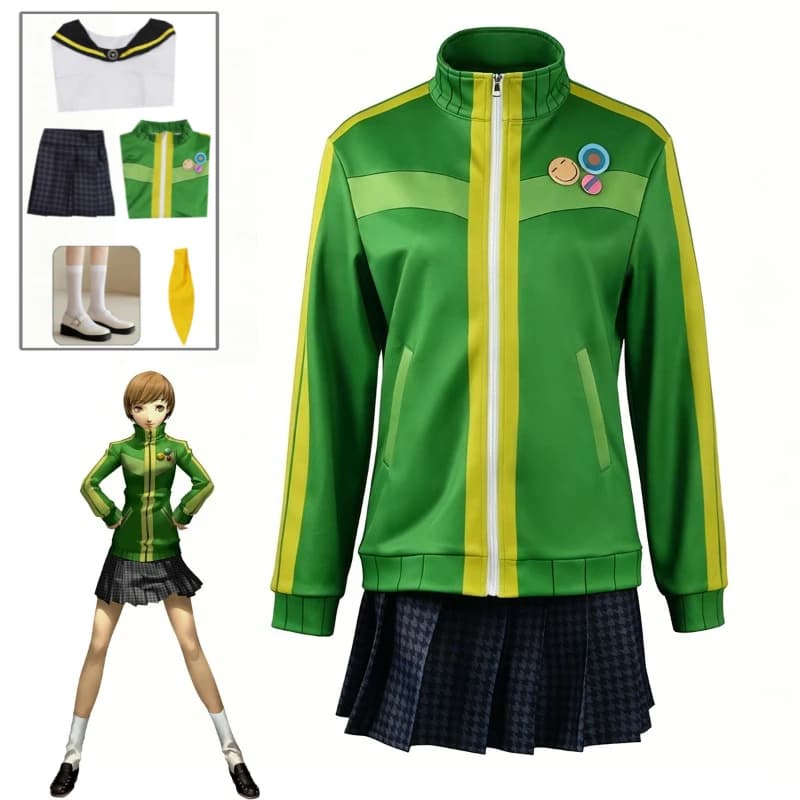 Persona 4 Chie Satonaka Cosplay Costume School Uniform Green Jacket Pleated Skirt Ribbon For Women Halloween