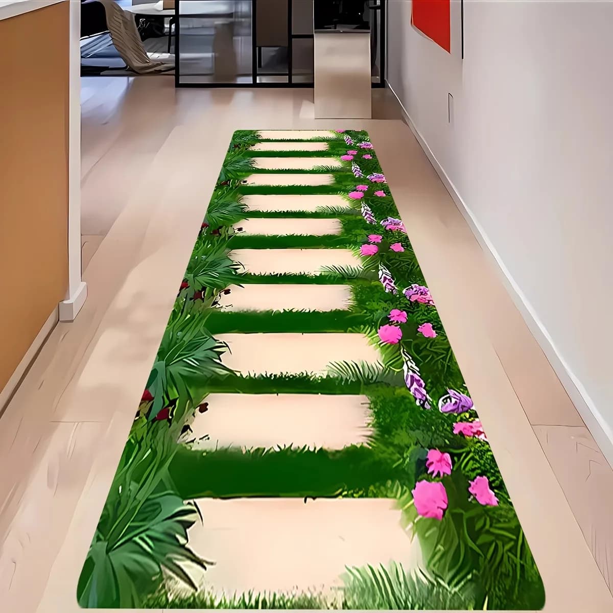 Tappeto Runner con Motivo Piante Verdi e Gradini in Pietra, Antiscivolo, per Corridoio, Ingresso, Camera da Letto