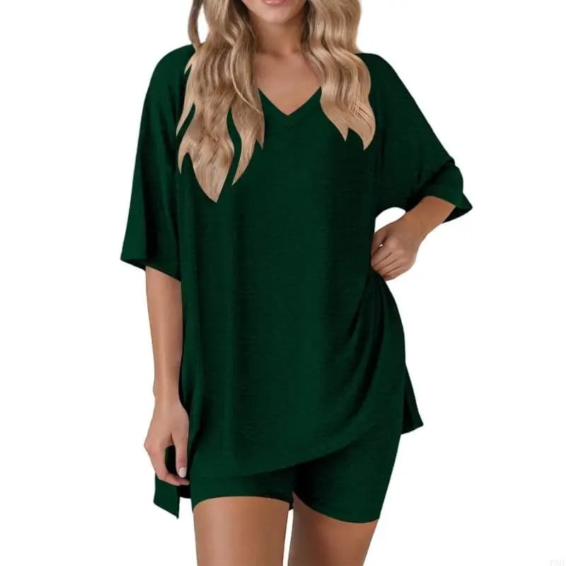 77HE Women's two-piece casual shorts set, perfect for spring; pair with cycling shorts and V-neck loose-fitting shirt.