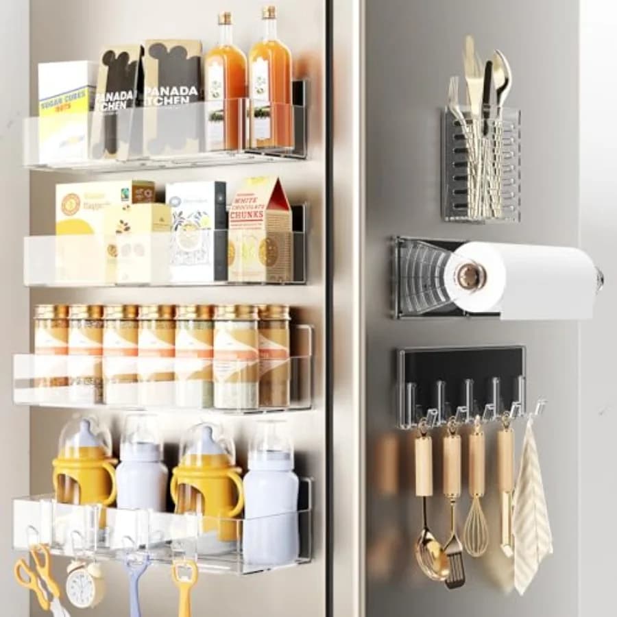 Porta Spezie Magnetico per Frigorifero, Mensola Magnetica, Organizzatore Magnetico per Frigo con Porta Rotolo di Carta, Porta Utensili e Ganci