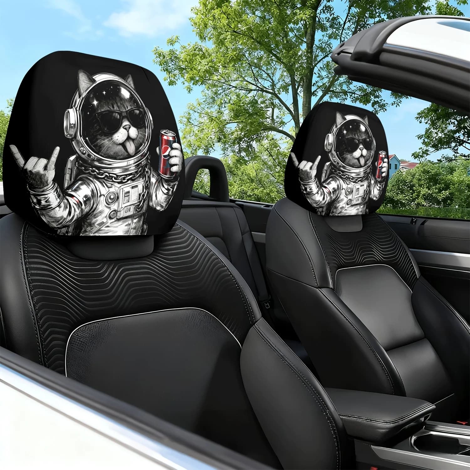 2 copri poggiatesta per auto, copri poggiatesta con motivo stampato a tema gatto astronauta, protezione per cuscino poggiatesta e collo - con design simpatico