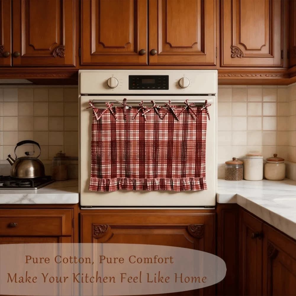 Pastoral Style Handmade Oven Skirt Heat-Resistant Washable Oven Door Curtain Plaid Rustic Decorative Oven Cover Kitchen Decor