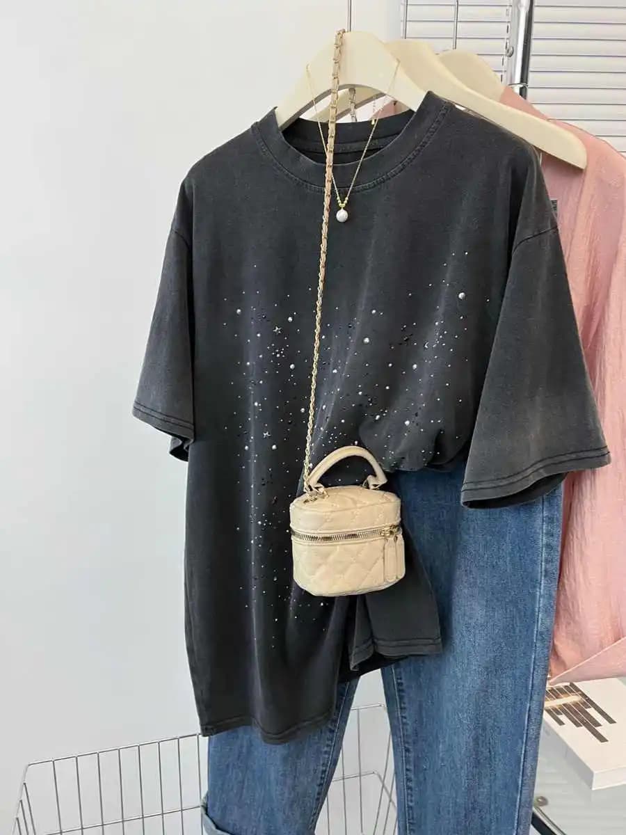 Retro Washed Rhinestone T-shirt Summer Women Round Neck Short Sleeved Oversize Tees Female Fashion Loose Cool Black Gray tops