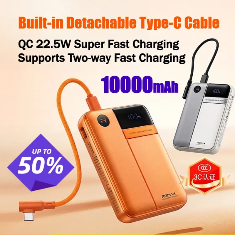 Power Bank Remax QC 22.5W 10000mAh con Cavo Integrato, Ricarica Rapida Bidirezionale 3C, Caricabatterie Portatile
