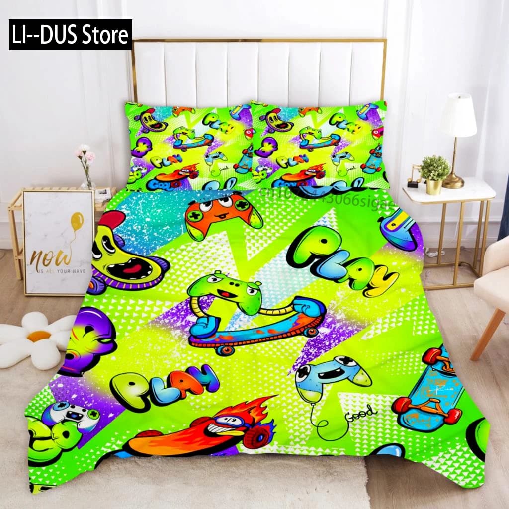 Set copripiumino per gamepad Full Size Pulsante di controllo del videogiochi colorato Zona Copripiumino Gamer Player Joystick Set biancheria da letto doppia