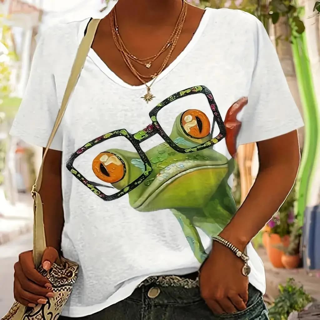 T-shirt con stampa 3D di simpatico gatto-rana, maglietta estiva da donna con scollo a V e maniche corte, t-shirt casual Y2K, top Harajuku, abbigliamento femminile.