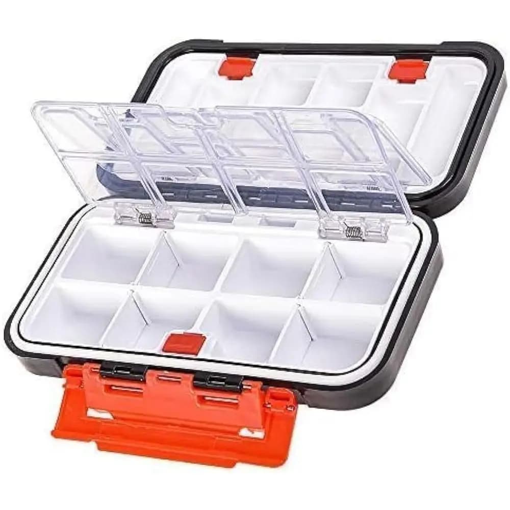 Two-sided waterproof fishing gear box with 16 compartments to store baits (black)