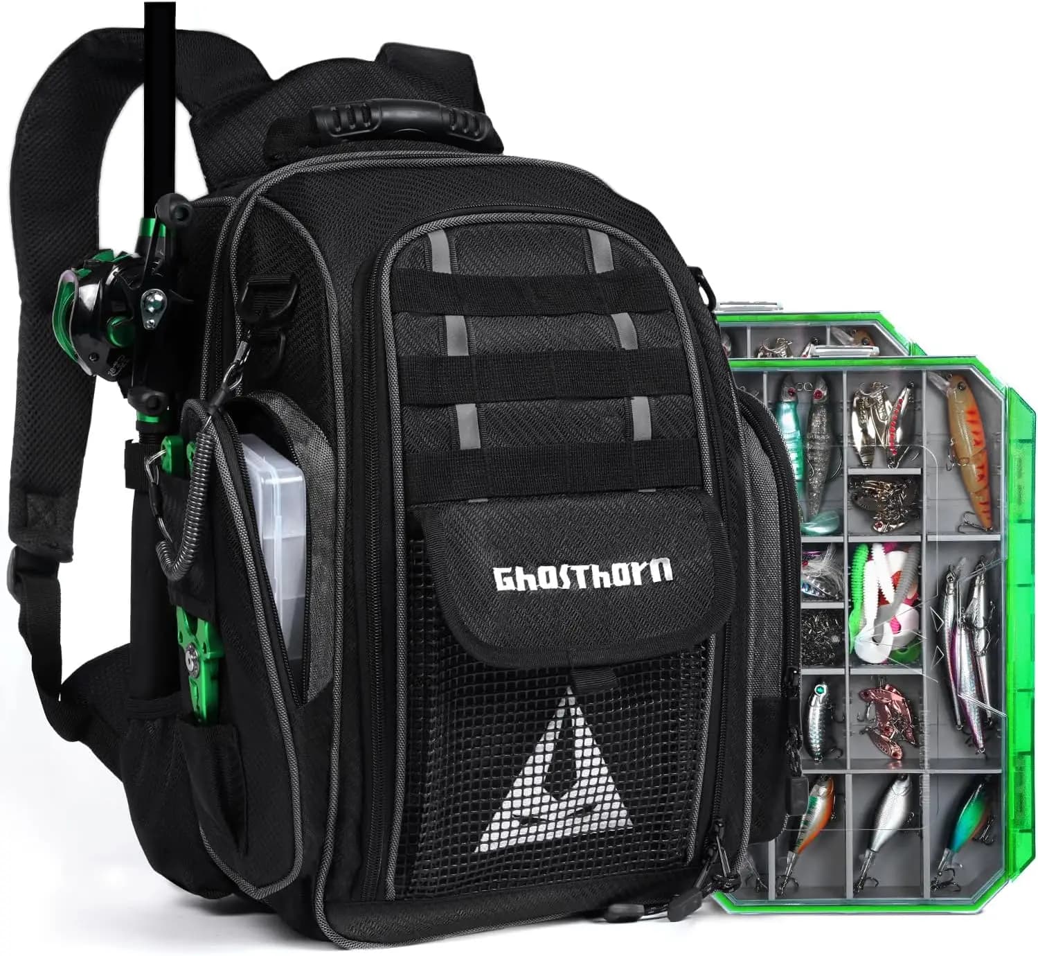 Waterproof Fishing Backpack with 2 Tool Boxes, Candle Holder, Large Storage Space for Men and Women