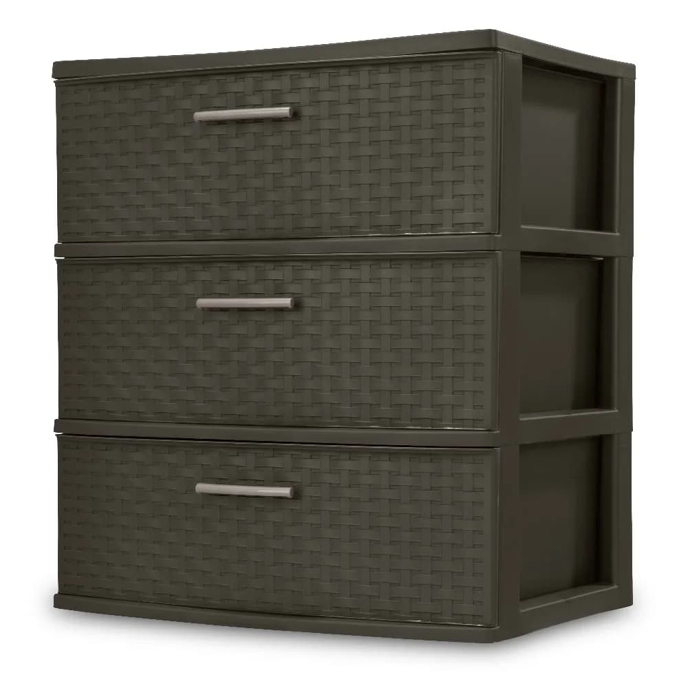 Sterilite Cassettiera a 3 cassetti Wide Weave Tower in plastica con maniglie estraibili, mobiletto organizer marrone per casa e ufficio