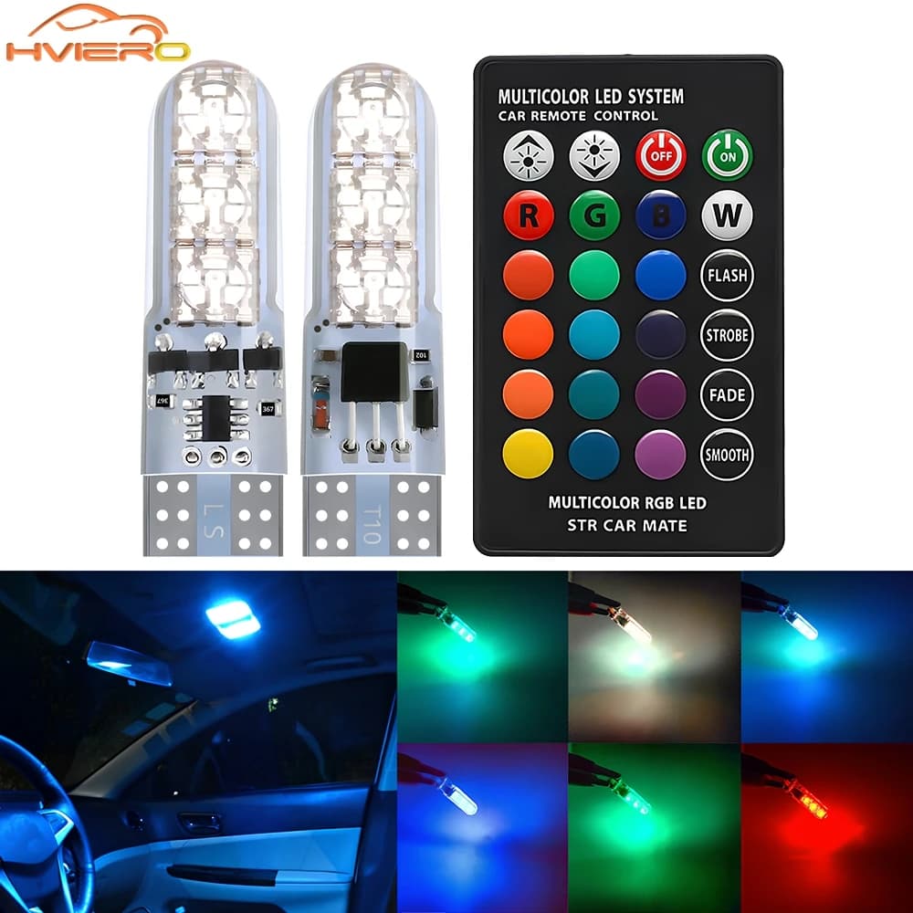 2X Lampada LED RGB T10 W5W 6SMD in Silicone per Auto, Luce di Segnalazione Decorativa 12V per Illuminazione Interna, Porta e Tetto con Telecomando
