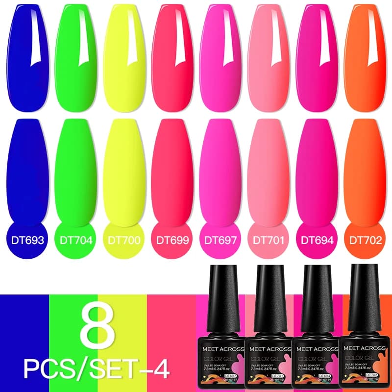 Incontra attraverso 8 pz/set smalto per unghie Gel fluorescente Glitter Sparkly Summer Neon Semi Permanent Soak Off LED UV Gel vernice Nail Art