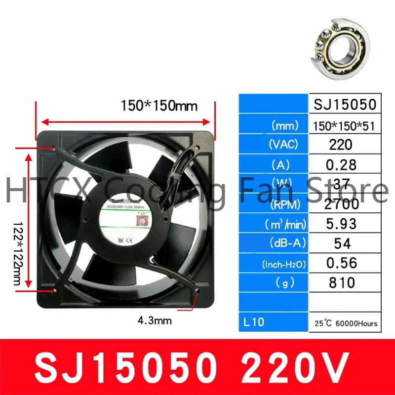 Ventola di Raffreddamento Industriale Completamente in Metallo Resistente alle Alte Temperature per Armadi Elettrici, Ventola Assiale 220V 0.28A 37W 150mm 150mm 51mm