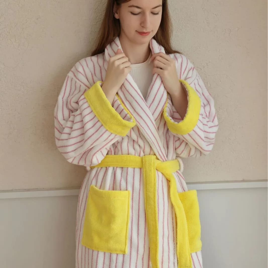 Color Matched Cotton Bathrobes Striped Cotton Yarn Soft and cosy Towel Bath towels V-neck Large night garments with hood