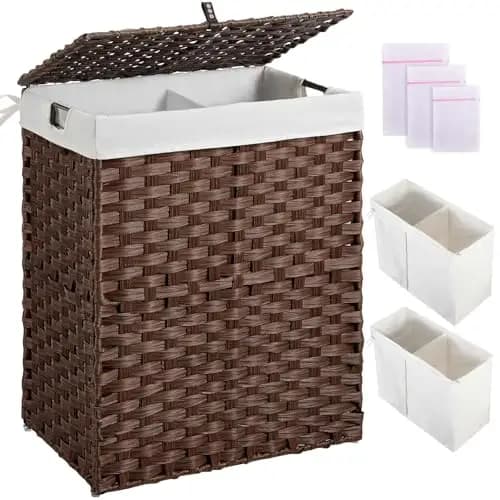 Cesto portabiancheria Greenstell con coperchio, nessuna installazione necessaria, cesti portabiancheria in vimini da 90 litri pieghevoli, 2 sacchi interni rimovibili, 2 scomparti.