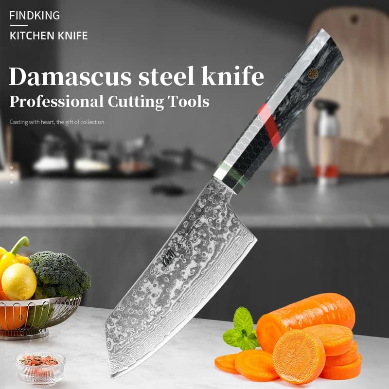FINDKING Coltello semimetalino da 5,5 pollici 9Cr18Mov 67 strati Acciaio di Damasco Nero Modello a nido d'ape Manico in resina Coltello da cucina per chef