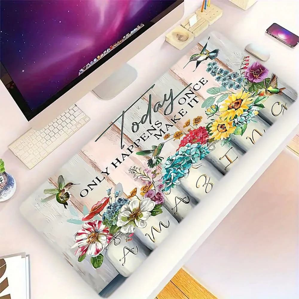 Tappetino per mouse con motivo floreale Hummingbird Mason Jars, tappetino da scrivania in gomma con citazione ispiratrice per ufficio e gaming