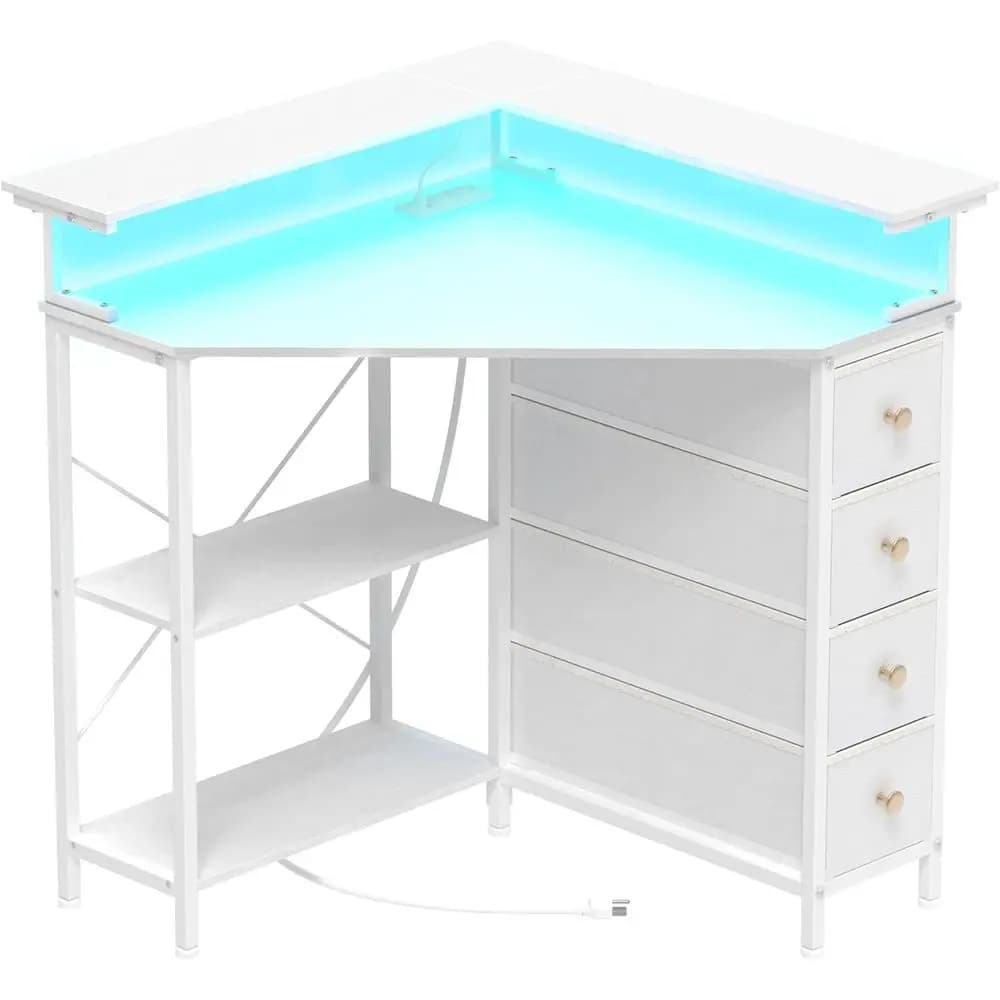 Desk with Ders Shees or Small Space 90 Degrees e Computer Desk with Power Outlets,Gaming Desk with LED Lights Monitor Stand or H