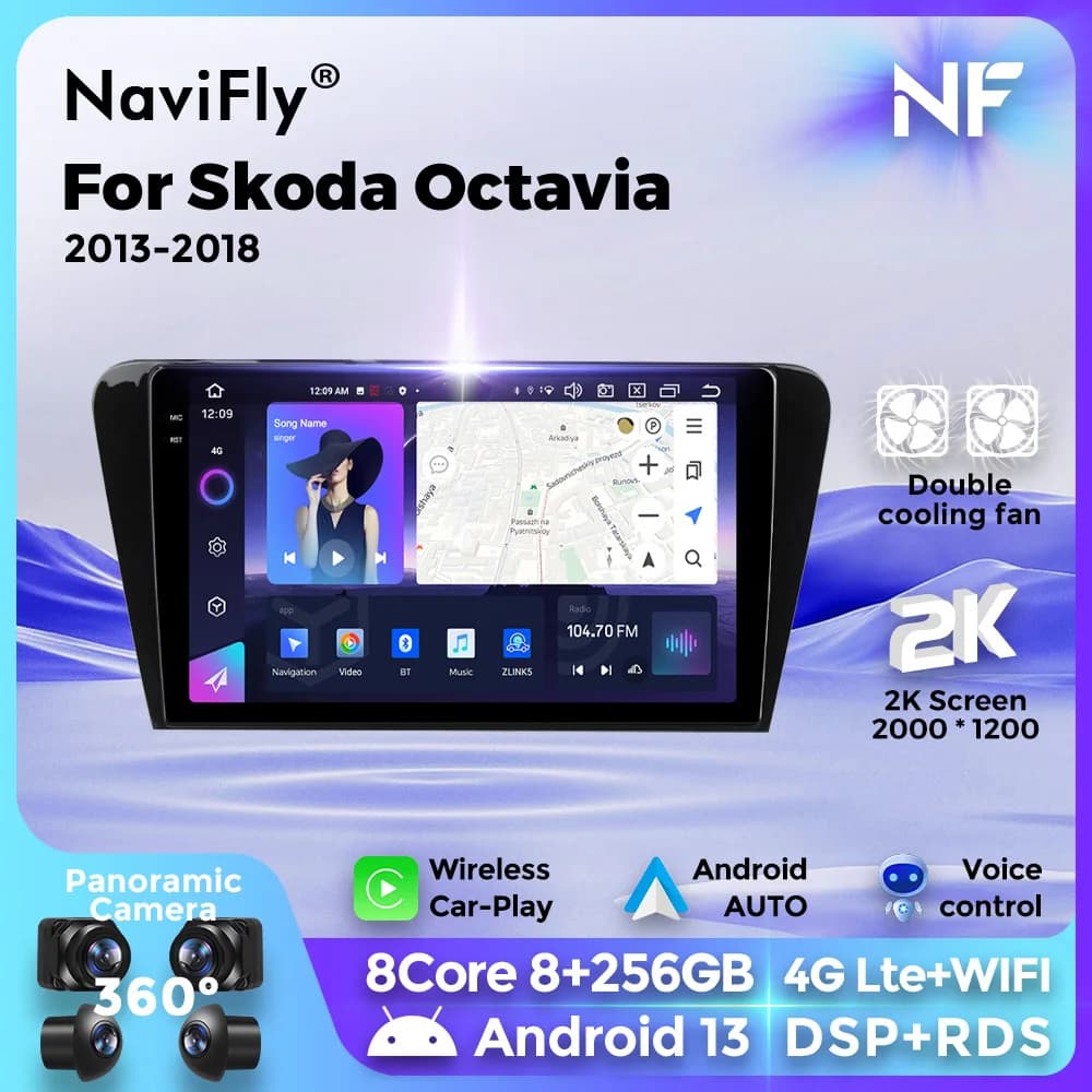 Navifly 8+256GB Wireless CarPlay Android Auto Radio For SKODA Octavia 3 A7 2013 2014-2018 Car Multimedia Video Player GPS 2din