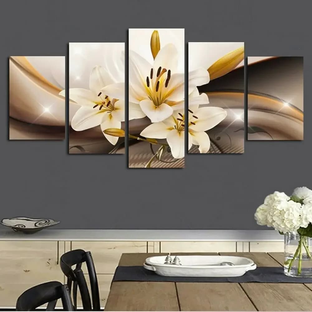 Frameless 5 abstract panels with white floral view Poster Print on canvas Modular images Wall art for living room furniture