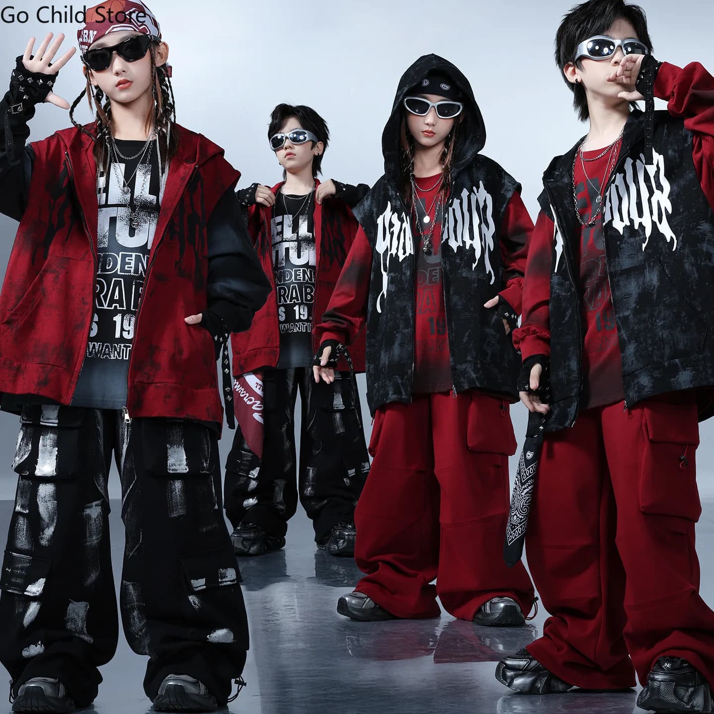 Ragazzi Hip Hop Gilet con cappuccio Graffiti Felpa Pantaloni cargo Ragazze K-pop Goth Streetwear Costumi di danza per bambini Set di vestiti jazz per bambini