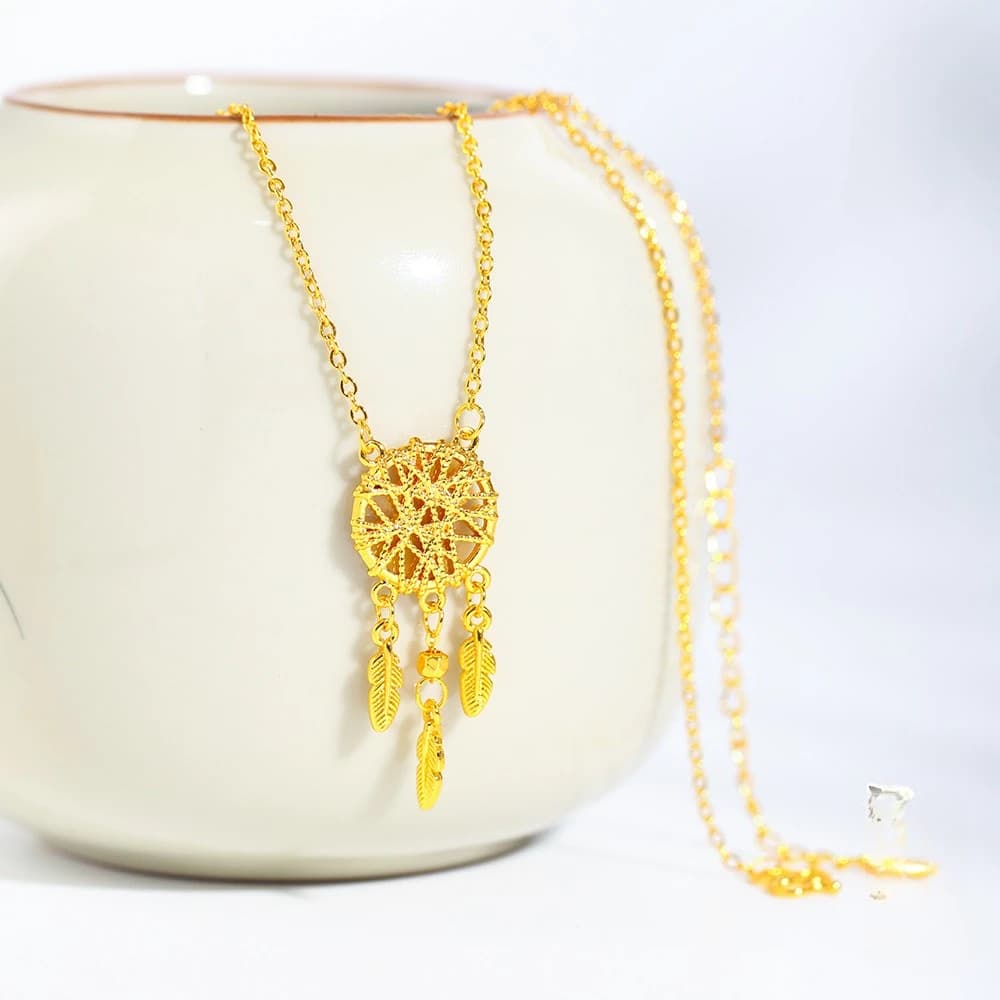 Real 18kt Gold Color Dream Catcher Net Tassel Chain Necklace for Women Solid Color Necklace Wedding Jewelry Gifts Not Fade