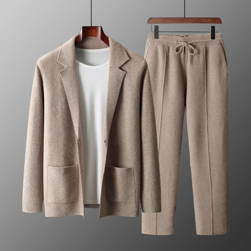 MVLYFLRT Men's Autumn Winter Thick 100% Merino Wool Knitted Two-Piece Set Men's Suit Collar Cardigan Casual Elastic Waist Pants.