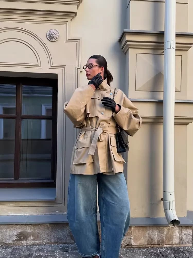 Women Khaki Belt Short Windbreaker Elegant Long Sleve Lapel Pockets Single Breasted Coat Autumn Lady Casual Daily Street Jacket