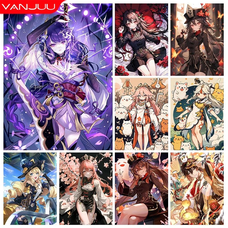 Genshin Impact Raiden Shogun Kit di pittura diamante 5D Hu Tao Diamante ricamo Diamante pieno Mosaico Arte Decorazione fai da te Immagine