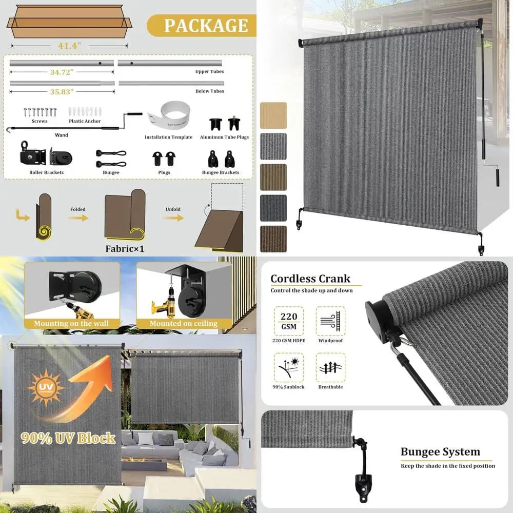 Tendine a rullo da esterno senza fili grigie, larghezza 6 piedi x altezza 8 piedi, design impiombato per patio, balcone e gazebo