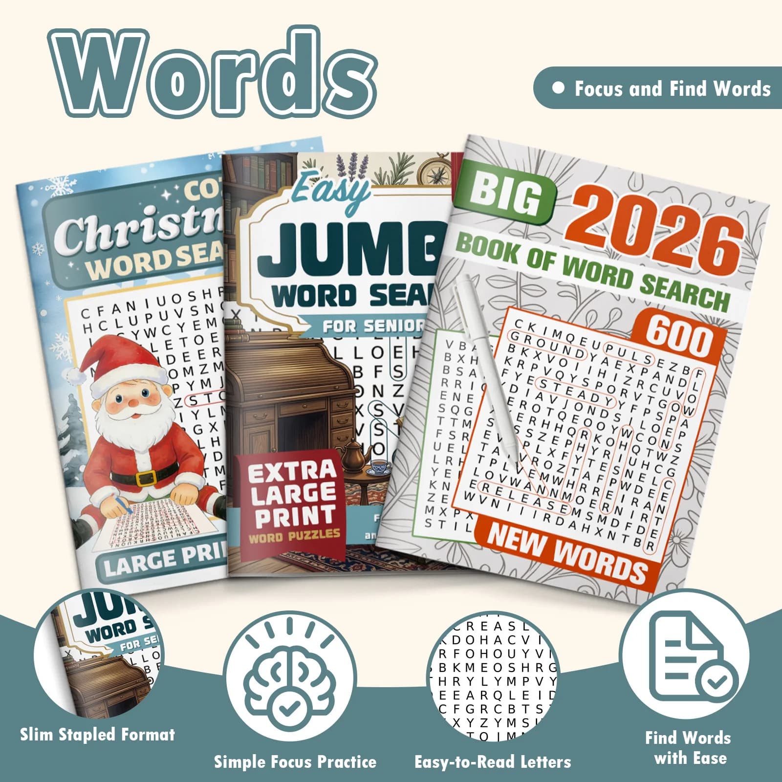3-Book English Word Search Puzzle Book Set, Christmas Word Search 300 Words + Jumbo Word Search For Seniors 300 Words