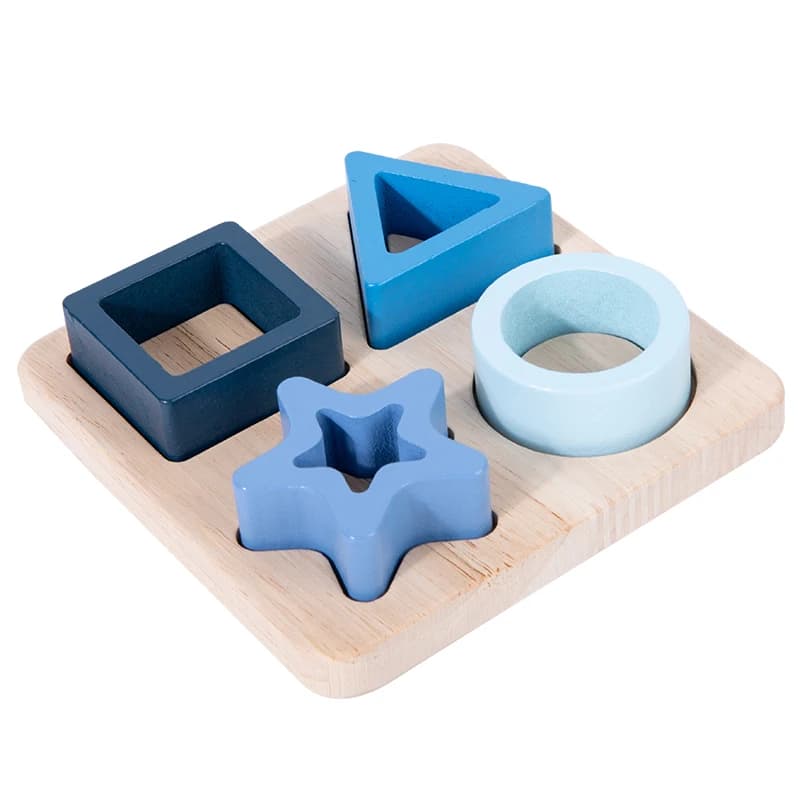 Blocchi di costruzione in legno per abbinare forme, con quadrati blu, triangoli e altre forme più diverse, perfetti per il riconoscimento da parte dei bambini
