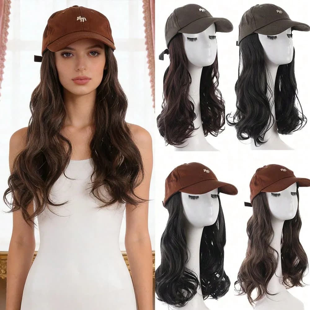 Parrucca sintetica ondulata con cappello, extension per capelli, parrucchino marrone, berretto da baseball con capelli lunghi ondulati, parrucca regolabile per donna, uso quotidiano