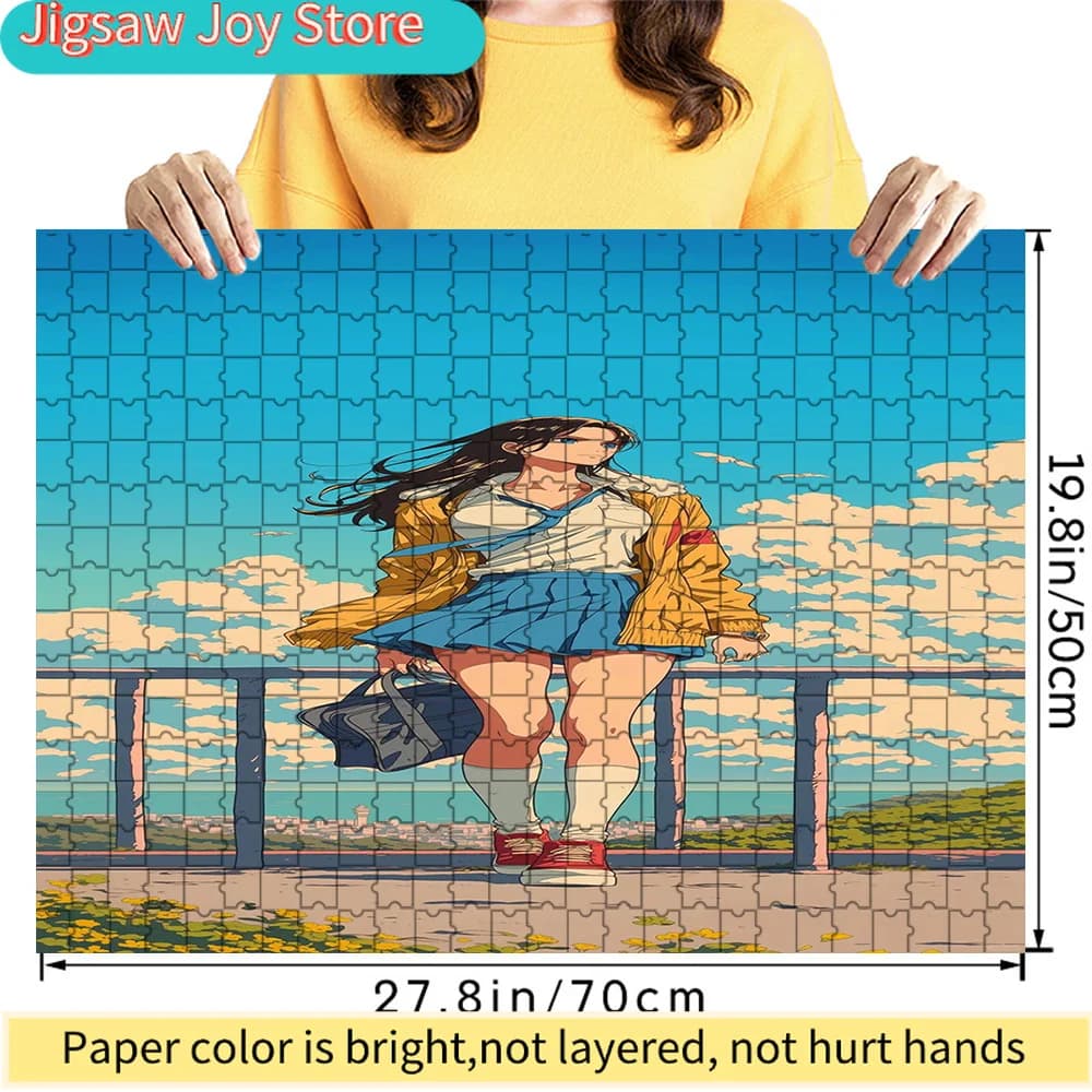 Puzzle di Carta Premium con Scena Anime: Ragazza Scolastica in Giacca Gialla con Zaino sul Paesaggio Panoramico, Cartone di Alta Qualità