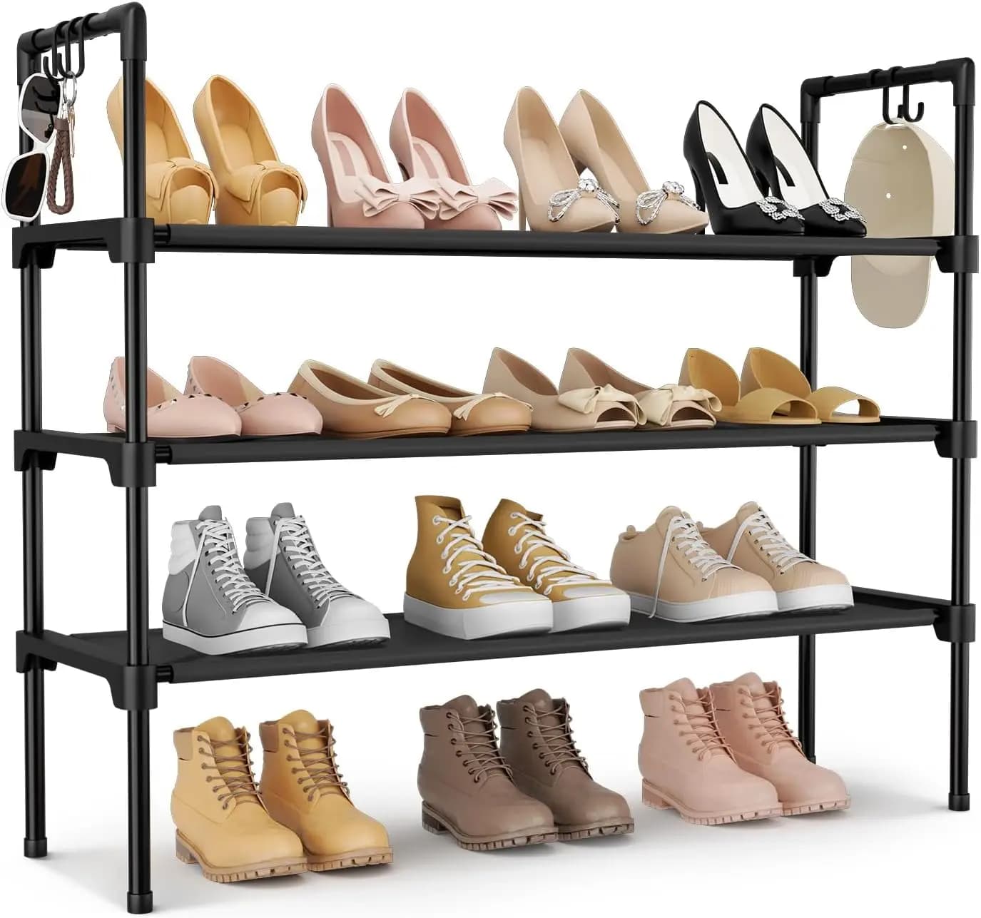Scarpiera a 3 livelli con ganci, contenitore impilabile per scarpe da ginnastica e stivali, ideale per ingresso e piccoli spazi