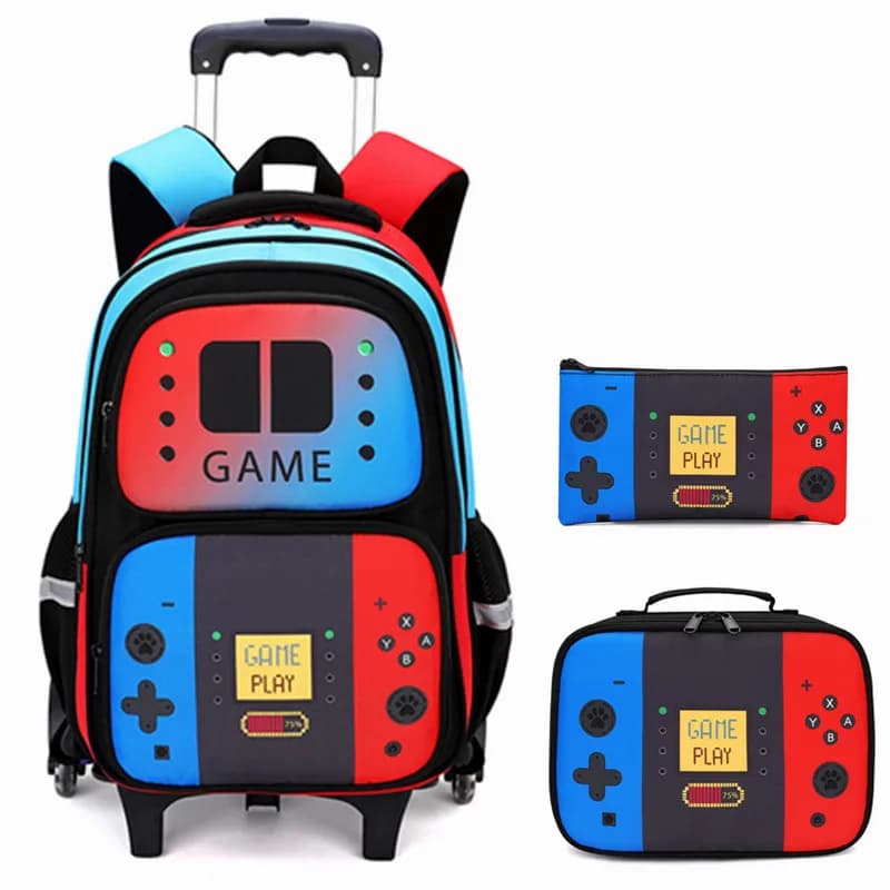 3PCS Kids Rolling Backpack for Boys Gamer Roller Wheels Bookbag with Lunch Box Travel Lightweight Roller School Bag for Teen