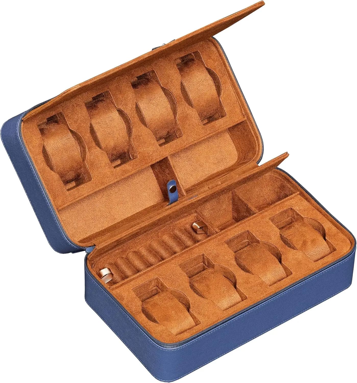 Custodia da viaggio per 8 orologi con scomparti per occhiali da sole e accessori, protezione rigida portatile per orologi fino a 50 mm (Blu/Marrone)