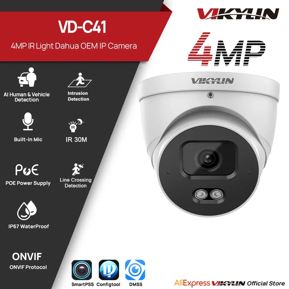 VIKYLIN 4MP IP Security Camera 30M IR Light Built-in Mic SMD2.0 Outdoor Support Onvif IP67 Perimeter Protection Metal Housing