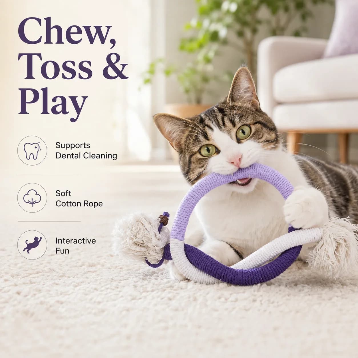 Teeth Grinding Cat Toy, Cotton Rope Teasing Stick for Dental Health, Interactive Play for Indoor Cats