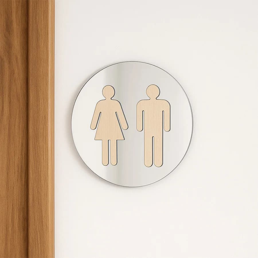 Insegna 3D in Acrilico a Specchio da 5mm per Porta WC, Bagno Uomo/Donna, Nero, Oro, Argento, Moderna con Base in Legno, Adesivo da Parete Decorativo