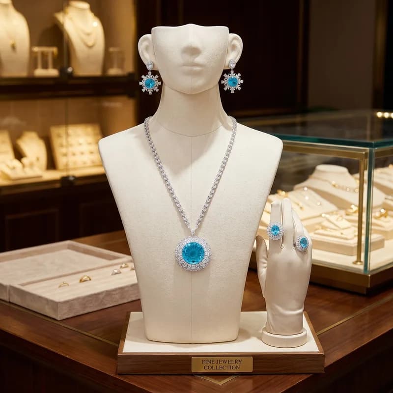 Europe America Style Ring Earrings Long Necklace Women Lady Inlay Cubic Zircon Synthetic Aquamarine Pendant Party Jewelry Sets