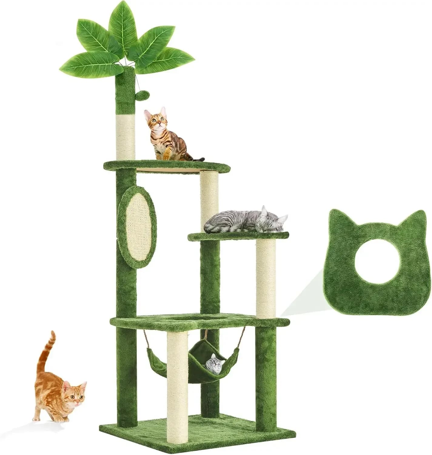55-Inch Cat Tree Tower with Scratching Post, Hammock, Pompoms, Green
