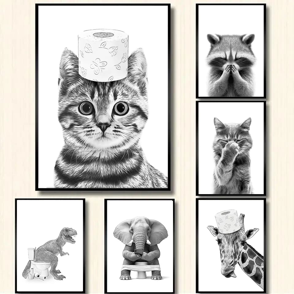 Gatto Giraffa Cane Elefante Carta igienica Vasca da bagno Divertente Bagno Poster Stampa Tela Pittura Wall Art Doccia Decorazione della casa
