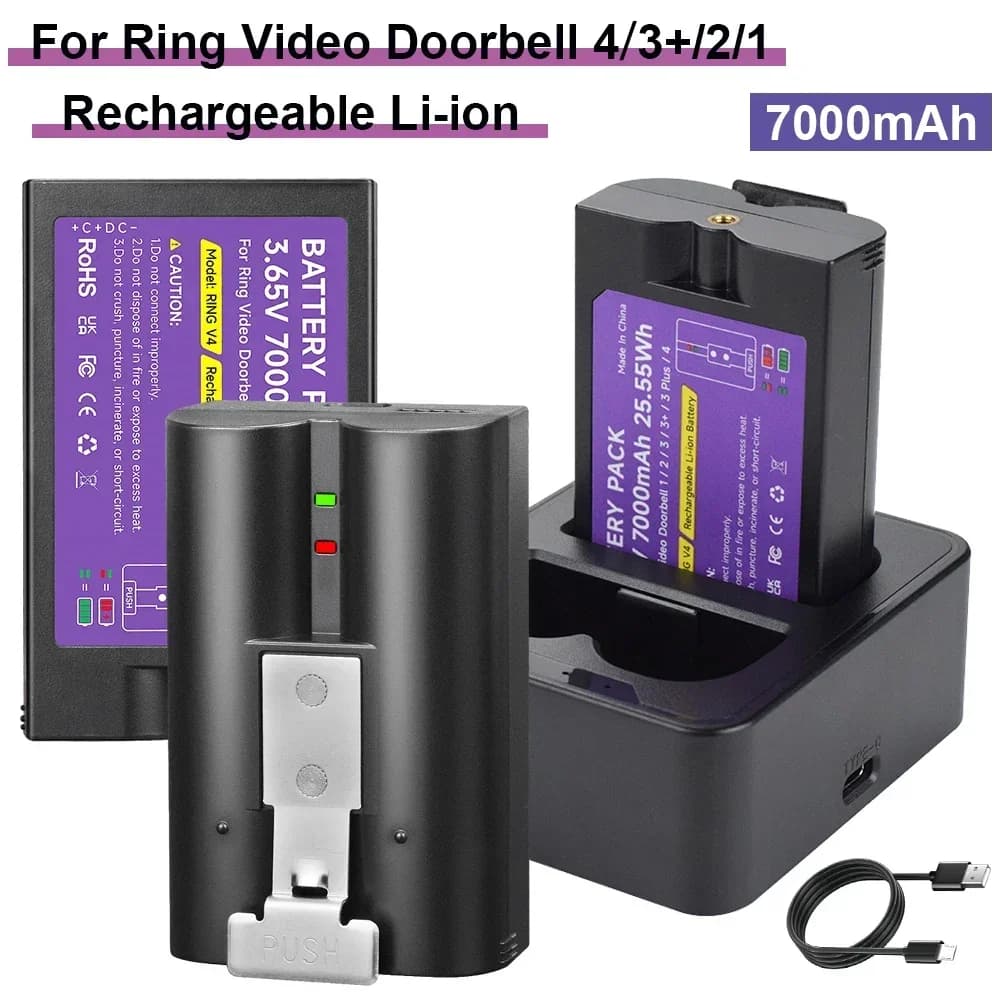Batteria agli ioni di litio da 7000 mAh per Ring Video Doorbell 4 3 Plus Batteria da 3,6 V per Ring-Video 3 2 1 per Spotlight Cam Solar + Caricatore rapido